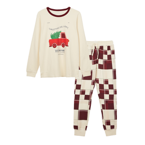 2-Piece Interlock Cotton Pajama Set <b>Women</b> XL Breathable <b>Compressed</b> 260 GSM Knitted Waffle Stretch Solid Pattern Print Long - Product Image 1