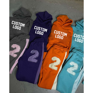 Conjunto de chándal Vintage bordado desgastado de alta calidad personalizable Sun Faded Printed Logo Hoodie pantalones de chándal acampanados de invierno - Product Image 3