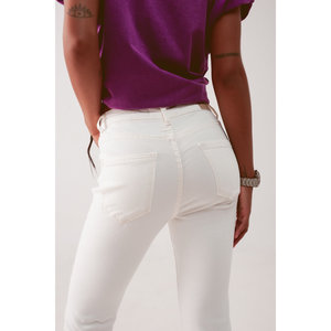 Pantalones vaqueros ajustados de cintura alta para mujer, transpirables, elásticos, estilo cargo, en color crema con decoración sencilla y rasgados - Product Image 4