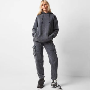 Vente en gros, personnalisation, ensemble 2 pièces unisexe pour homme et femme, hiver, à capuche, délavé à l'acide, nouveau style, coton, molleton français, lourd, pull - Product Image 2