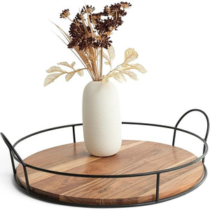Nueva llegada bandeja redonda de madera de mango para servir plato de alambre de hierro acabado en negro tamaño personalizado para bandejas para servir té y café - Product Image 3