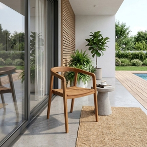 Fauteuil de salle à manger d'extérieur en teck naturel avec dossier incurvé, chaise de patio à lattes, mobilier de décoration de salle, design artistique pur - Product Image 5
