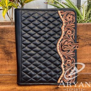 <b>Hand</b> Tooled Quilted Genuine Cowhide Leather Business Multifunction Portfolio Folder High Quality Luxury Organizer <b>File</b> Portfolio - Product Image 1