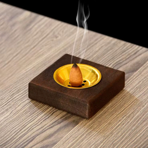 Quemador de incienso hexagonal de madera oscura con base geométrica de latón, soporte de aromaterapia, decoración zen de lujo para el hogar - Product Image 1