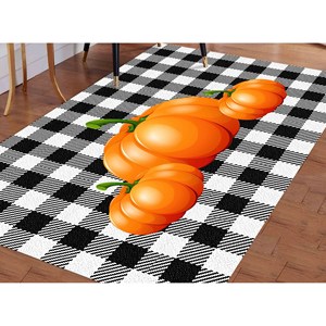 <b>Pumpkin</b> Rug: Black and <b>White</b> Checkered Halloween <b>Decor</b>,Chenille Rug - Product Image 2