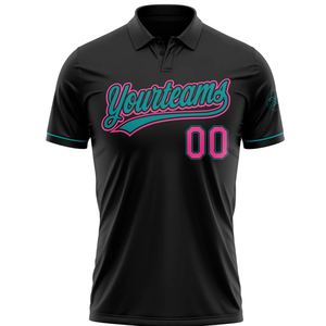 Polo personnalisé par sublimation avec nom et numéro, noir avec rose et turquoise, vêtements de sport imprimés sur mesure, vêtements d'équipe - Product Image 3