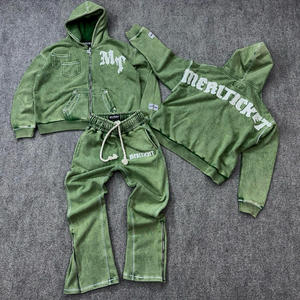 Ensemble survêtement homme vintage imprimé délavé à l'acide, avec lettres appliquées, style streetwear, patchwork déchiré, sweat-shirt et pantalon de survêtement deux pièces - Product Image 2