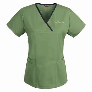 Blusa Médica Funcional para Mujer, Color Verde Salvia, Diseño Cruzado Simulado, con Ribete en el Cuello en Azul Marino en Contraste - Product Image 1