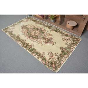 Tapis turc vintage, grande surface de 3.6x6,6 pieds, fait à la main, en laine, vert, beige, patchwork, design rectangulaire, couloir, latex pour décoration de chambre - Product Image 4