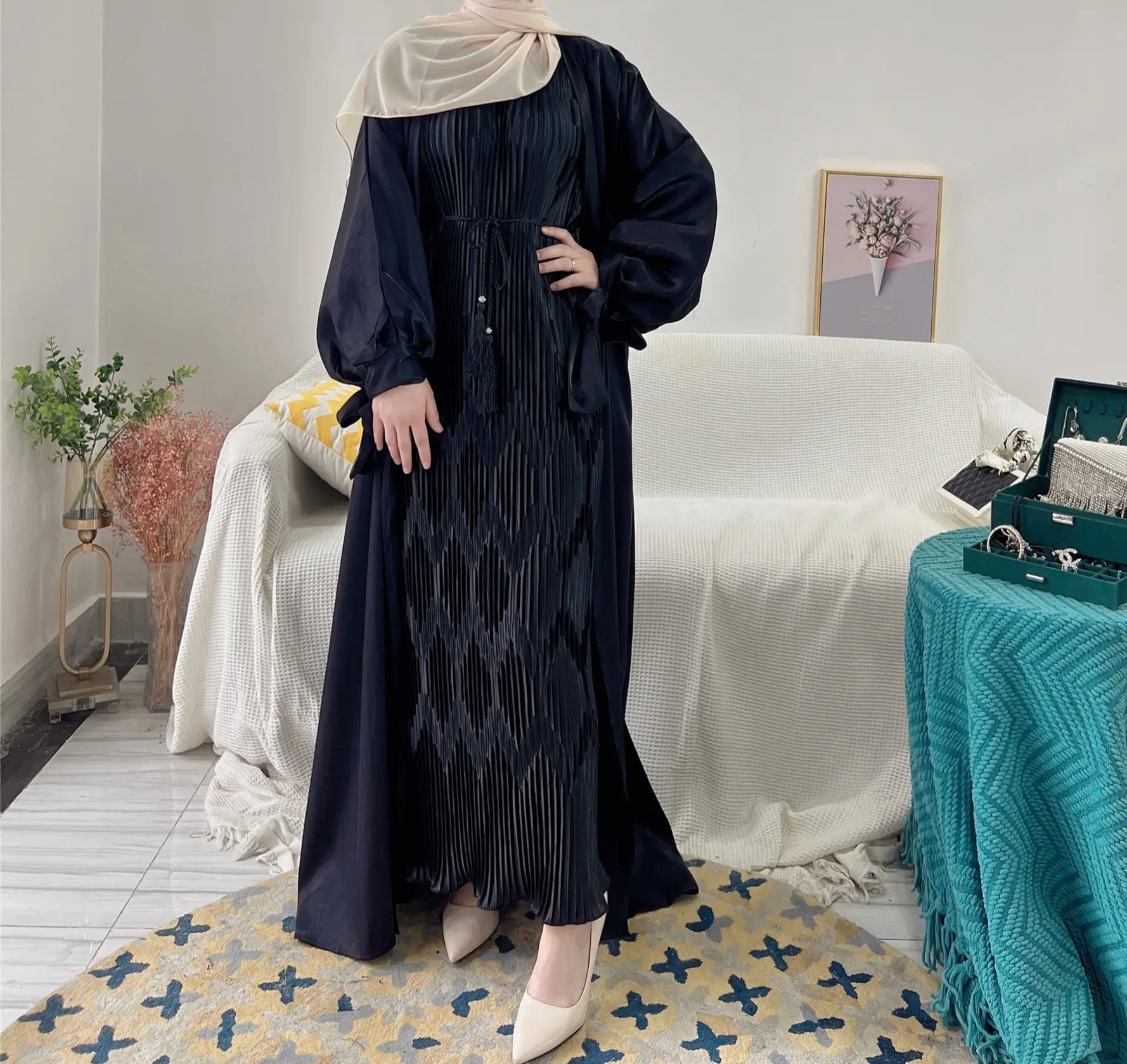 New Islamic Abaya Clothing Fancy Fashionable Shiny Polyester Open Kimono Abaya Muslim Dresses With Side Pockets