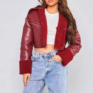 Chaqueta de Cuero Sintético Roja para Mujer, con Cuello de Piel, Manga Larga, Cierre de Cremallera, Chaquetas de Cuero de Marca Privada - Product Image 2