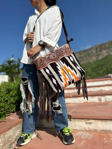 Western Style Tooled Genuine Leather Purse <b>Large</b> Aztec Saddle Blanket Bag With Fringe Ethnic Navajo Carpet Handbag for Women's - Product Image 5