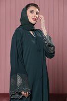 Abaya noire brodée pour femmes, manches longues, longueur au sol, robe modeste, style moyen-oriental, motif floral.