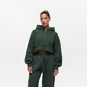 Sudaderas con capucha lavadas recortadas de alta calidad y pantalones Jogger Conjunto de 2 piezas Logotipo personalizado Chándales verdes Mujeres Zip up Hoodie Set al por mayor - Product Image 2