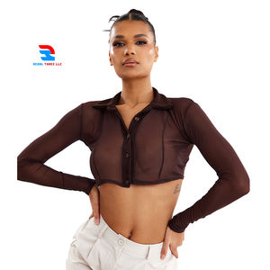 Women's Button-Down Transparent Short <b>Crop</b> Shirts with Long Sleeves & Turn down Collar Sheer Mesh Design Open Button Look - Product Image 6