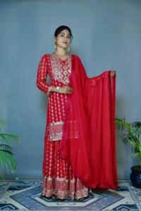 Heavy Faux Georgette Heavy Sequence bordado trabajo Top y Sharara con encaje elegante Dupatta diseñador último desgaste de la boda - Product Image 5