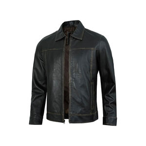 Veste en cuir décontractée à fermeture éclair de couleur unie pour hommes Vestes en cuir - Product Image 4