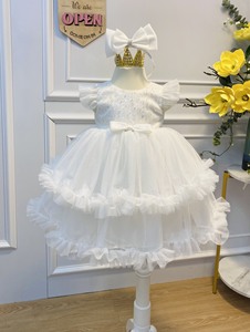 Haute qualité à manches courtes 3D multi-couches tissu fleur fille robe pour enfants grande taille licou paillettes ODM/OEM pris en charge pour - Product Image 6