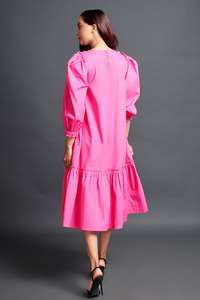 Woman's <b>Three</b> Quarter Sleeve Ruffle Knee Length Vacation Dress Pink Color Balloon Sleeves Dress Plus Size Clothing for Women - Product Image 5