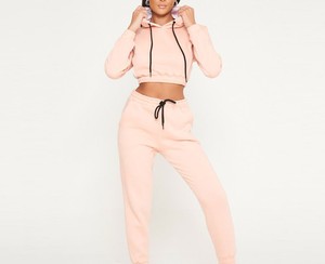 Women's Custom 2-Piece Set Solid Color Crop Top Hoodie <b>with</b> Zip-up Drawstring and Long Sleeve Printing Logo Sweatshirts - Product Image 4