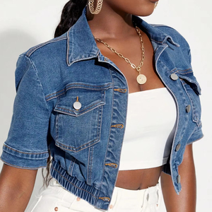 Chaqueta vaquera de manga media para mujer, diseño de cintura oscilante, hebilla de Metal de Color sólido, moda básica informal para mujeres jóvenes de algodón - Product Image 3