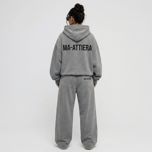 Conjunto de Sudadera con Capucha y Pantalones Anchos de Felpa Gris para Mujer, Estilo Casual, Urbano y Deportivo, Dos Piezas - Product Image 2