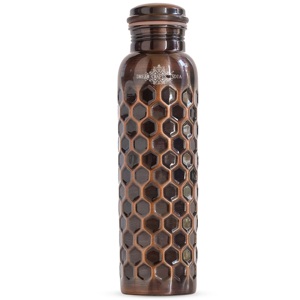 Botella de Agua de Cobre de Diseño Antiguo Moderno con Relieve de Diamantes Pulidos, Tapa de Piedra Ayurvédica Pura, Artesanía Natural para Gimnasio, Yoga y Ejercicio - Product Image 1
