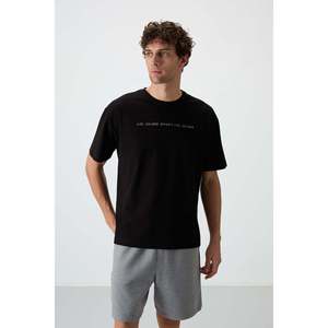 T-shirt imprimé pour homme, coupe ample, noir, jersey de coton épais texturé, 100% coton 88371 - Product Image 3