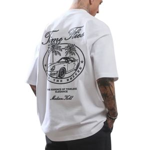 Time Flies camiseta de gran tamaño blanco 300 GSM algodón peso medio Jersey ajuste relajado Boxy hombro caído cuello acanalado ropa de calle de lujo - Product Image 5