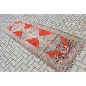 Tapis turc vintage, tapis de 3,4 x 10,4 pieds, tapis Ikat rouge et gris - Product Image 4