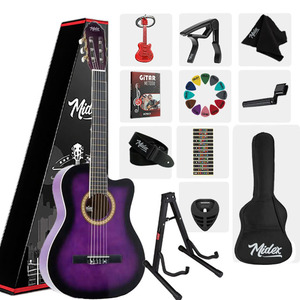 Kit de démarrage pour guitare classique 4/4, tige de tension réglable, manche en acajou, finition brillante |   Support de guitare, sac, sangle, capo, médiators |   Midex - Product Image 1