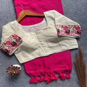 Sari de Algodón Khadi VASTRA COTTAGE con Diseño de Blusa Hecha a Mano con Khadi Puro, Talla Ajustable de 38 a 42, Ropa Tradicional - Product Image 2