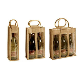 Sacs pour bouteille de vin en jute 100% de jute biodégradable écologique avec fenêtre en pvc et poignée en rotin - Product Image 4