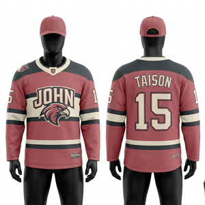 Maillot de hockey sur glace pour hommes, 260 GSM, maille en polyester de qualité supérieure, rouge, noir, crème, panneaux rayés, sublimation, nom et numéro personnalisés - Product Image 1