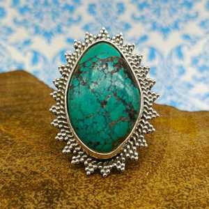 Bonne qualité naturelle tibétaine Turquoise pierre précieuse bague bijoux personnalisé forme taille conception pierre en argent Sterling bagues fines - Product Image 1