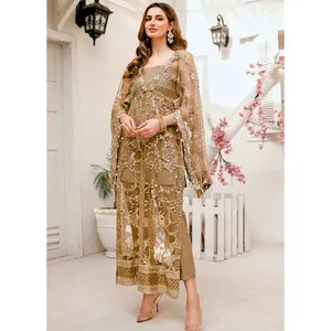 Bollywood Dress Pakistani & Indian Party Wear & Wedding Designer Bridal Collection Golden Embroidery Long Net Shirt & Trouser