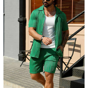 Ensemble homme été 2025 en gros, chemise à manches courtes décontractée à boutons et short en polyester/coton tricoté à séchage rapide, 2 pièces - Product Image 2