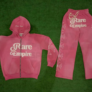 Conjunto de Sudadera con Capucha y Cremallera para Hombre, Estilo Urbano, Color Sólido, Lavado Ácido Desgastado, con Bordado, 100% Algodón - Product Image 1