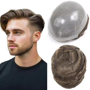 Système de remplacement capillaire pour hommes, couleur brun <span class=keywords><strong>clair</strong></span>, ultra-fin, en poly PU, avec boucles en V, perruque en <span class=keywords><strong>cheveux</strong></span> humains naturels Remy pour hommes, toupet - Product Image 1