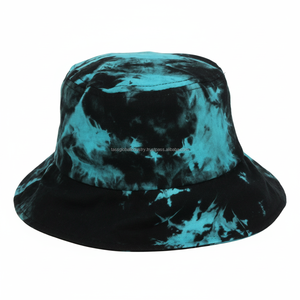 Chapeau Bob Unisexe Tie-Dye Personnalisable avec Logo, Imprimé Marbré Noir et Bleu Turquoise, Chapeau de Soleil d'Été en Coton, Casquette de Pêcheur d'Extérieur, Protection Solaire de Plage - Product Image 1
