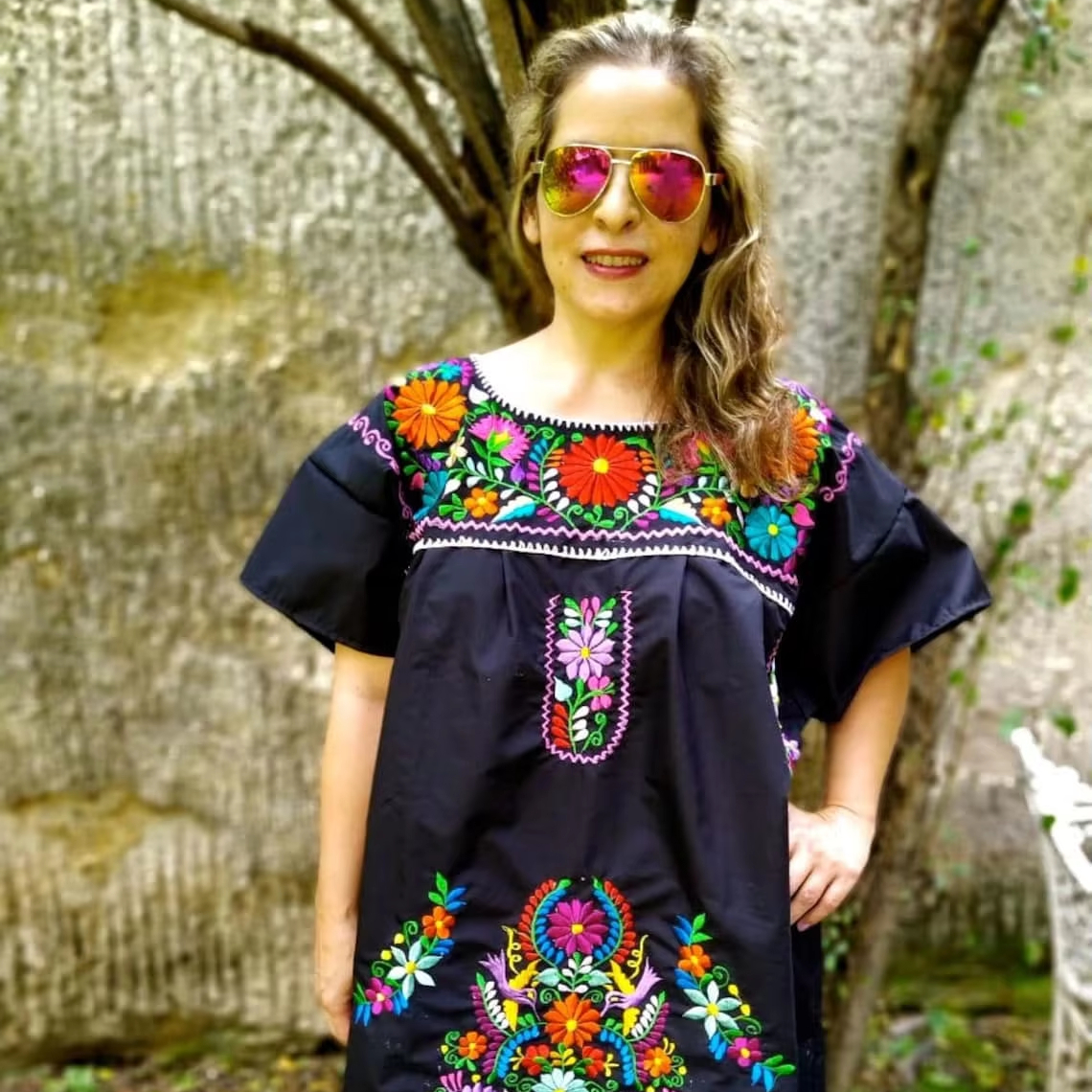 slim fit dress slacks Chiapaneco Ruedo Sencillo Floral Embroidered Mexican Dress- Vestido  Mexicano Bordado main image 0
