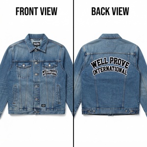 Chaqueta de Mezclilla de Algodón Ecológico de Primera Calidad para Hombre, 350 GSM, con Apliques de Chenilla Personalizados en la Parte Delantera, Azul Oscuro, Estilo Workwear - Product Image 3