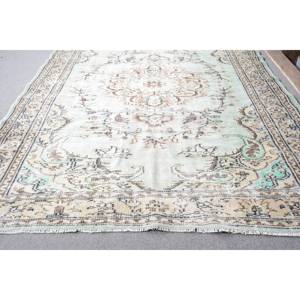 Tapis Vintage en Laine Turque 5.7 X 9.3ft Vert Beige Plat Tissage Patchwork Motif pour Salon Couloir Décor avec Support en Latex - Product Image 3
