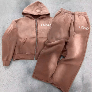 Sudadera con capucha y cremallera desgastada lavada con ácido, chándal de peso pesado, chándal con logotipo personalizado desvanecido al sol - Product Image 5