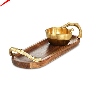 Handmade Decorative Wooden <b>Enamel</b> Serving Bowl with Golden Metal Stand and Wooden <b>Tray</b> Serving Bowl for Hotels Home Decor - Product Image 3