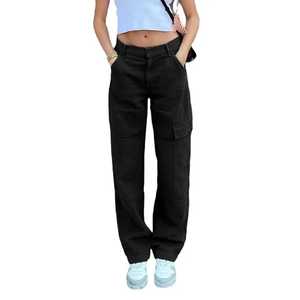 Jeans cargo pour femmes, taille mi-haute, en denim, coton élasthanne, respirant, avec poches, boutons, pantalon décontracté de rue - Product Image 4