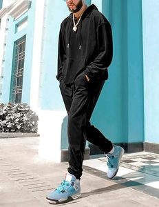 Conjunto Deportivo de Hombre con Capucha de Terciopelo Negro, Manga Larga, Color Sólido, Pantalones Jogger Casuales, Transpirable, Corte Regular, Ropa de Otoño - Product Image 4
