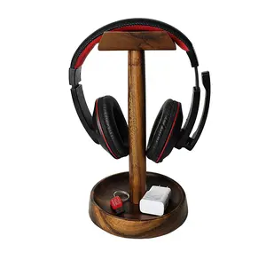 Headphone Stand Wooden Universal Headset Holder Desktop Earphone Hanger Decor for a Busy Office Workspace Catch All Base Tray