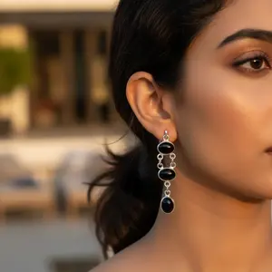 "925 Sterling Silver Gold-Plated Water Drop <b>Black</b> Onyx <b>Dangle</b> <b>Earrings</b> for Women's Wedding Jewelry" - Product Image 2