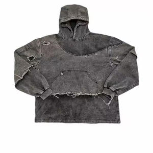 Custom Streetwear Ripped Hoodies Hombres Stone Acid Wash Doble capa Raw Hem Sudadera con capucha desgastada para hombres - Product Image 1